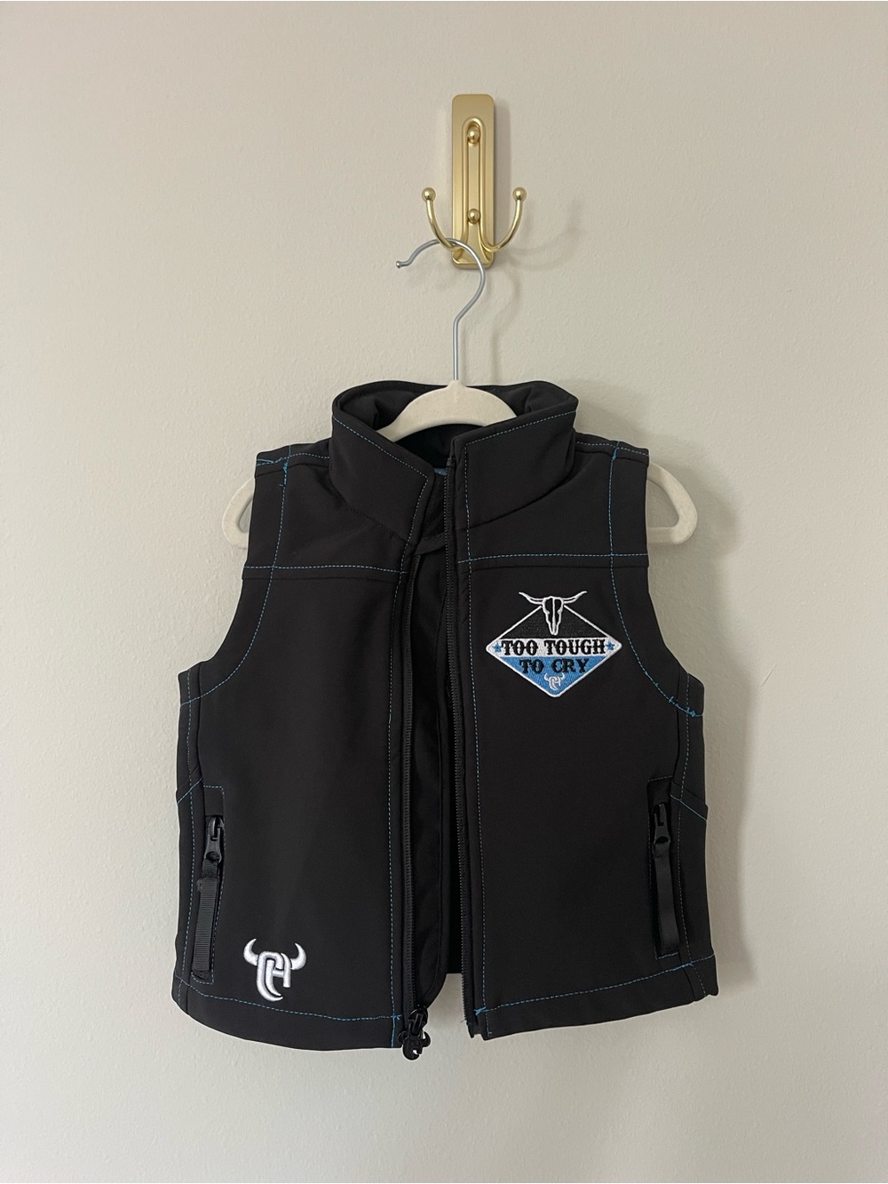 Too Tough To Cry Black Softshell Vest with Blue Stitching